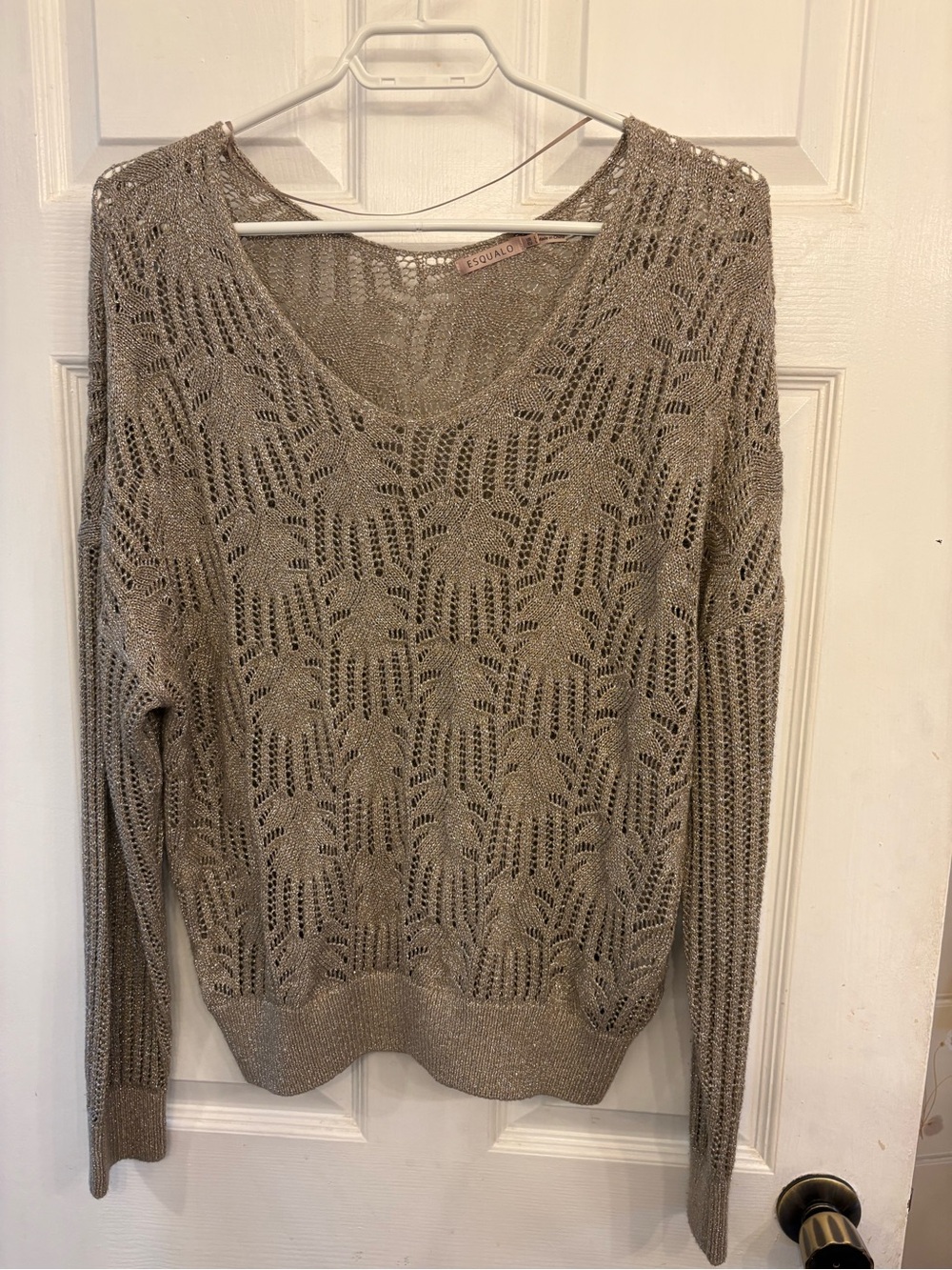 ESQUALO Taupe Metallic Open-Knit Scoop Neck Sweater